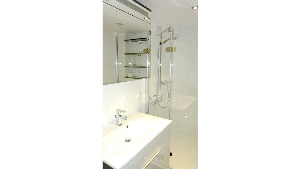 Washbasin including vanity unit, mirror cabinet and shower