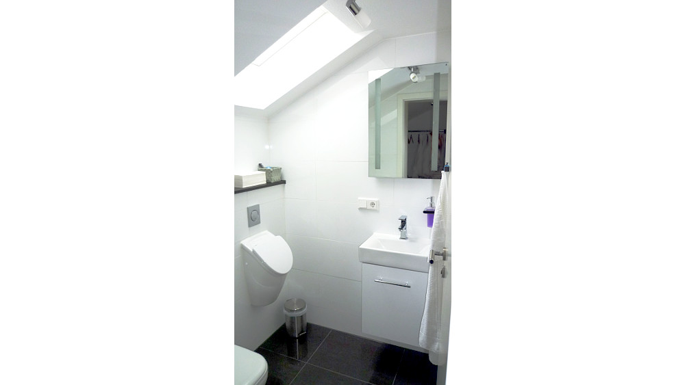 Guest toilet with washbasin and large mirror
